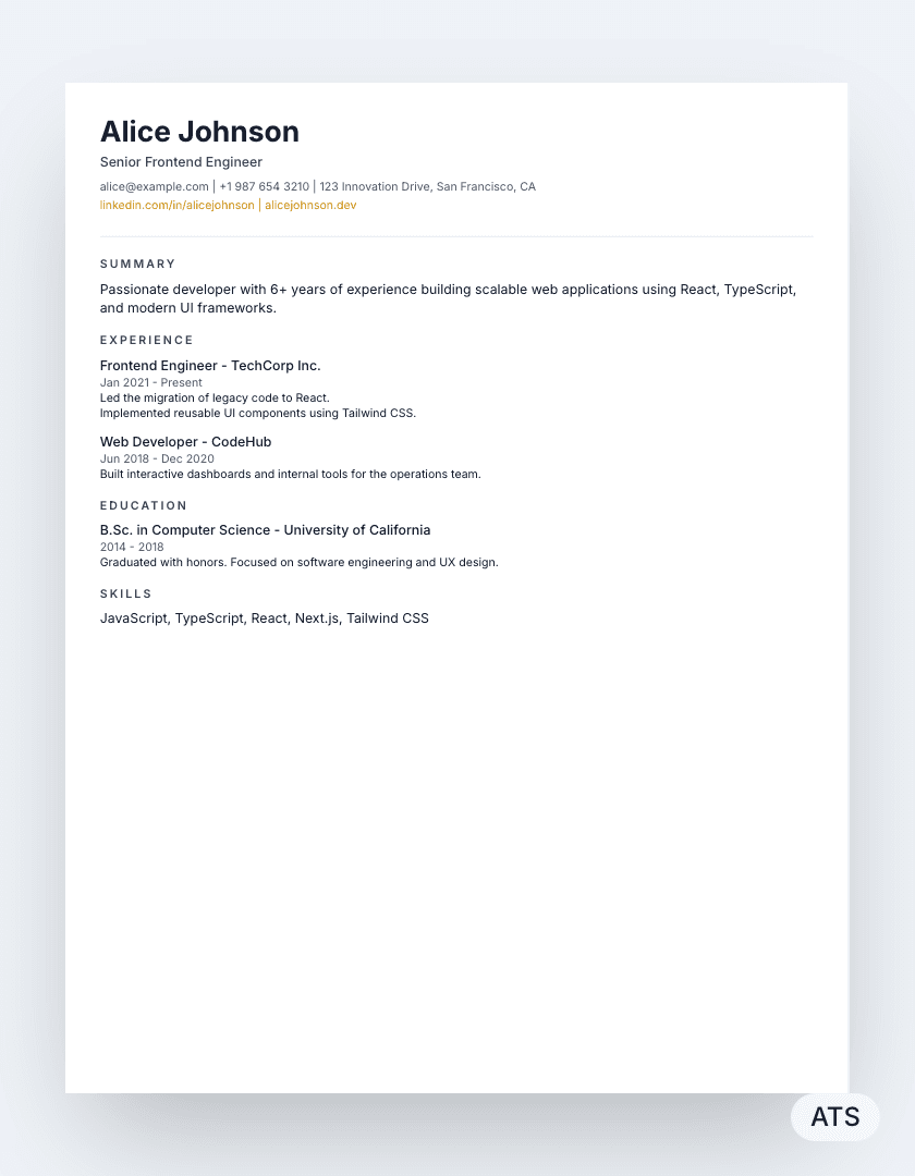 Classic resume template preview