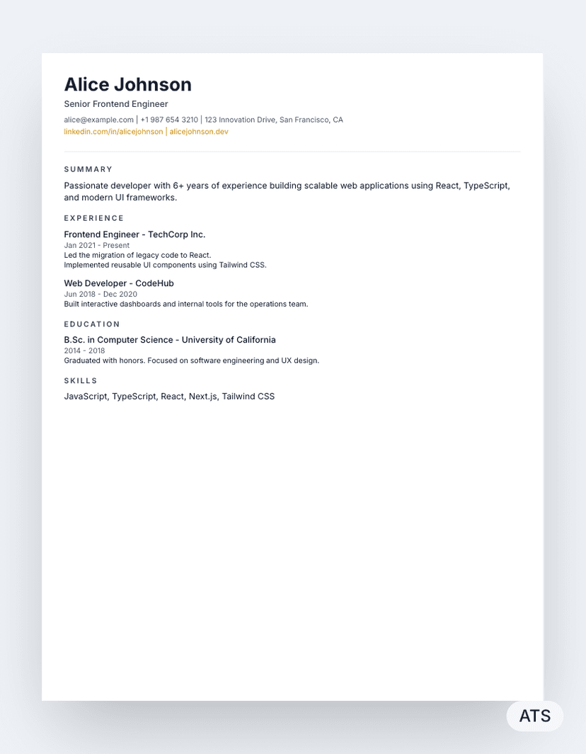Classic resume template preview