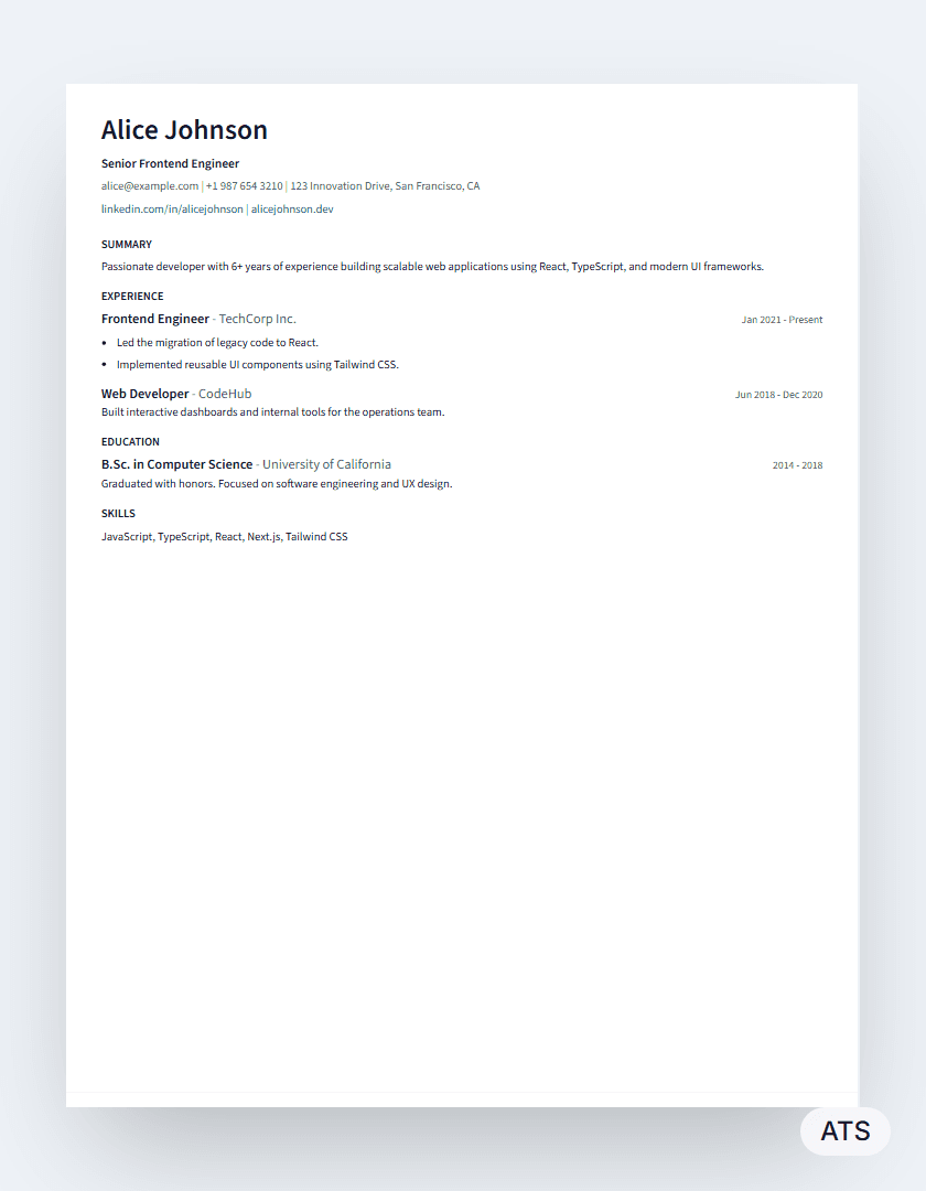 Minimal resume template preview