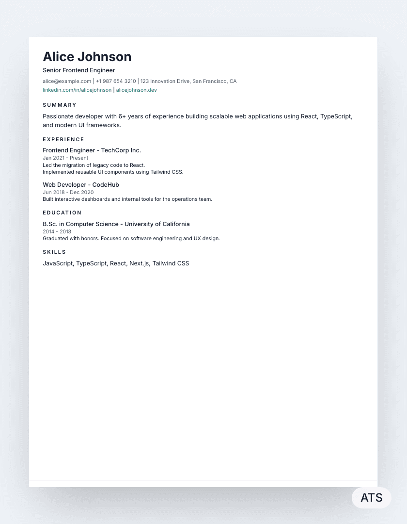 Minimal resume template preview