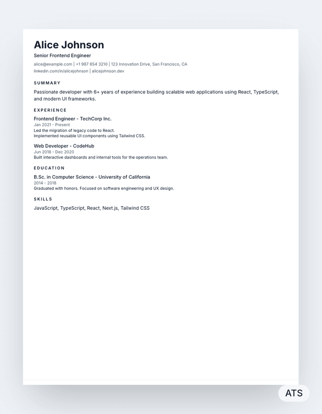 Minimal resume template preview