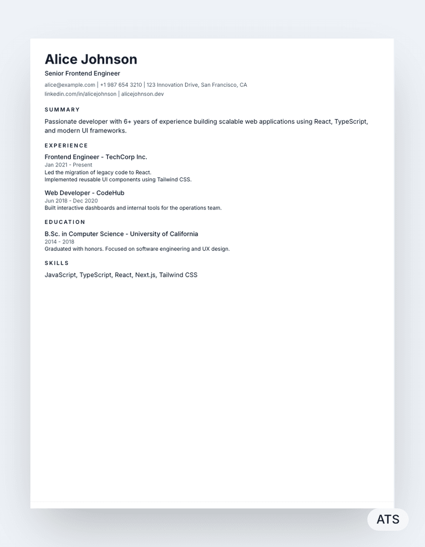 Minimal resume template preview