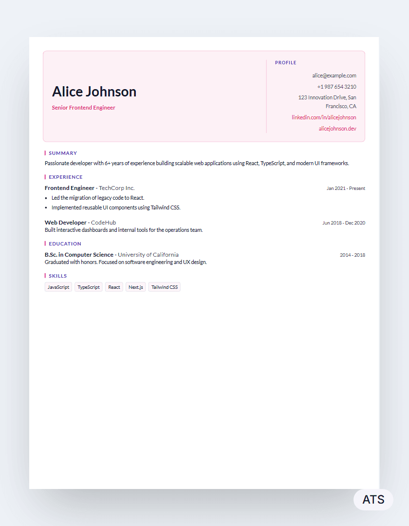 Profile resume template preview