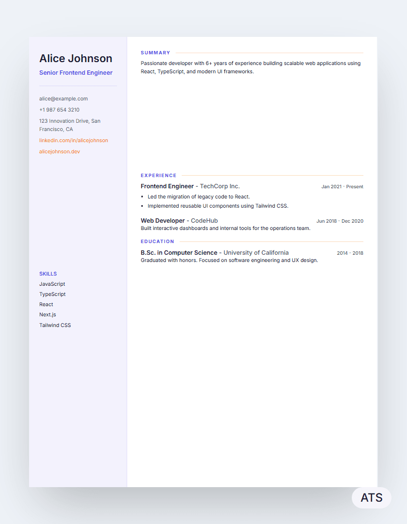 Sidebar resume template preview