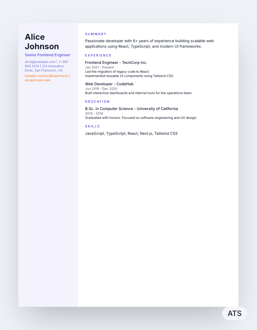 Sidebar resume template preview