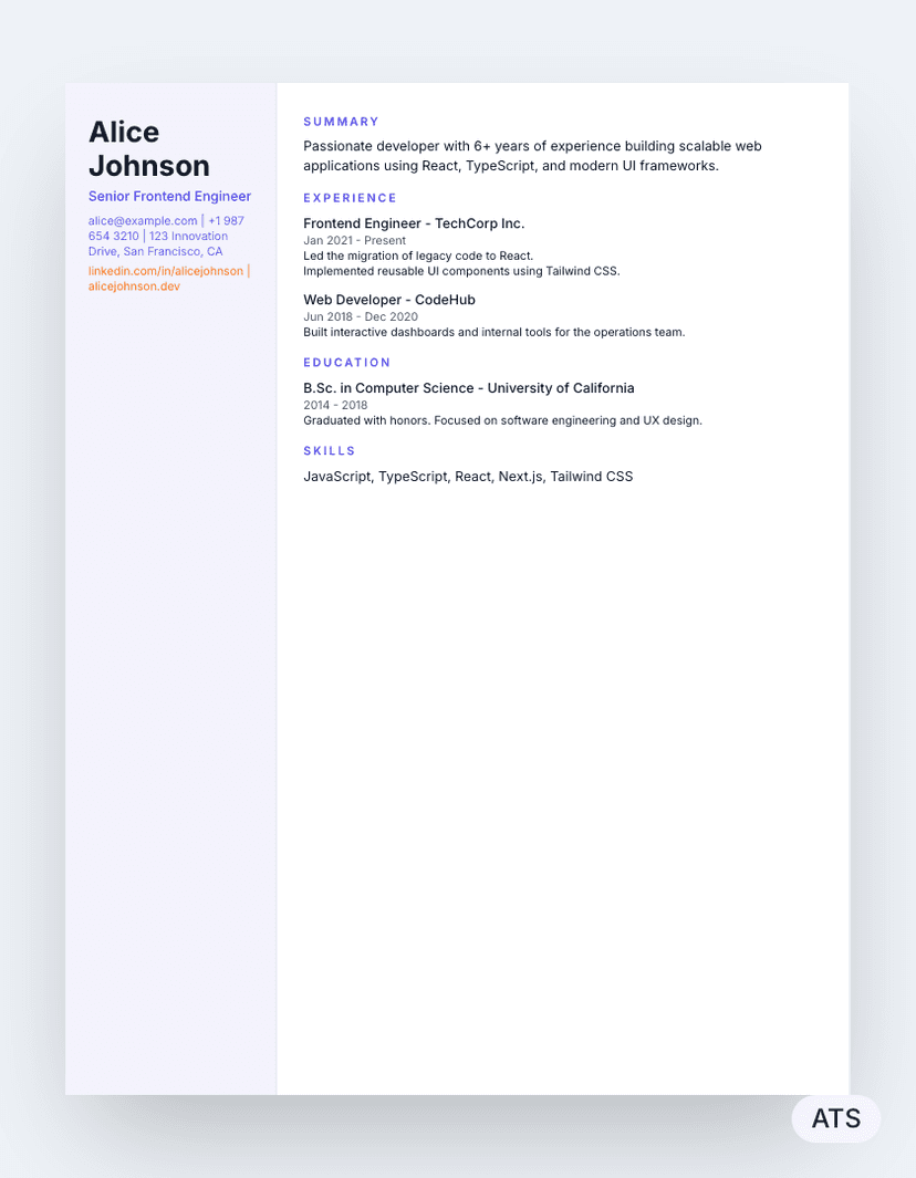 Sidebar resume template preview