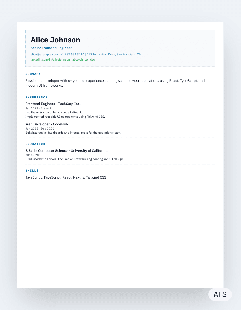 Tech resume template preview