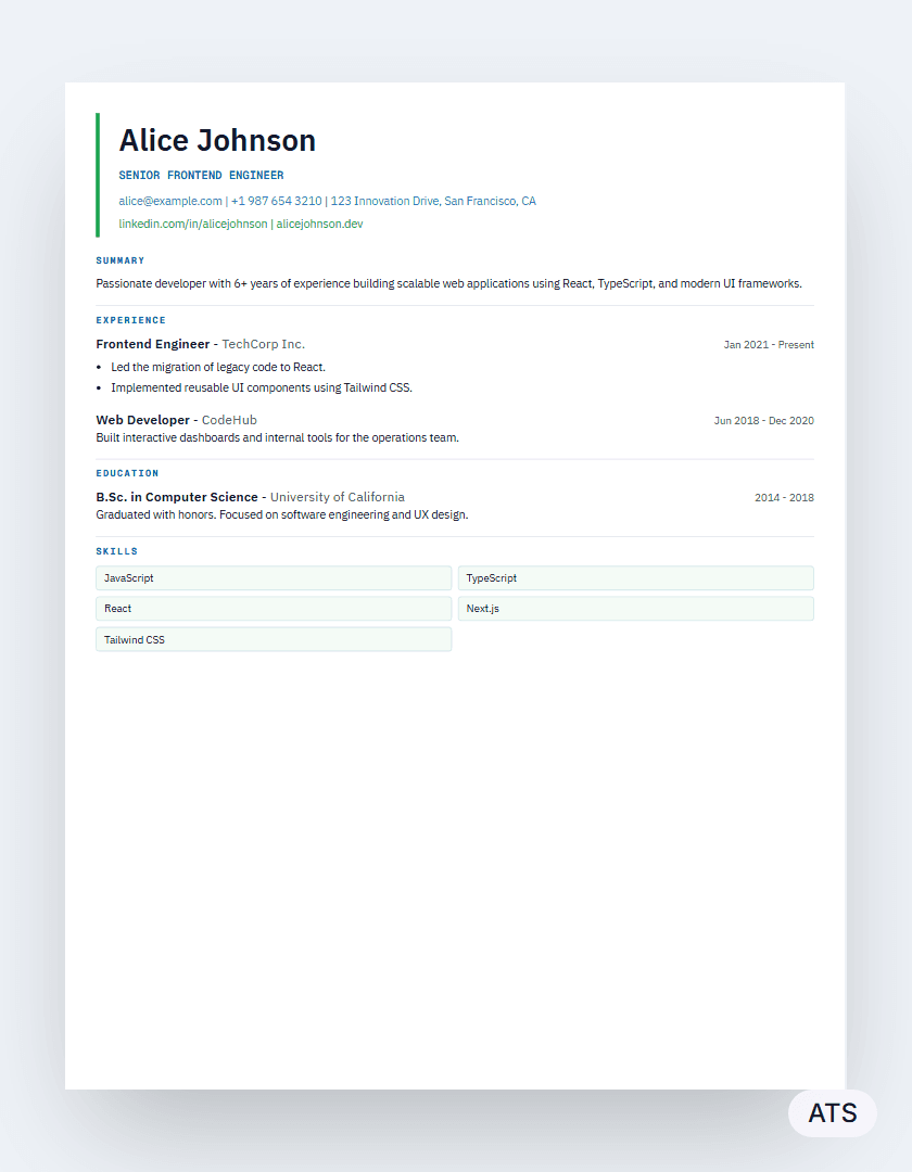 Tech resume template preview