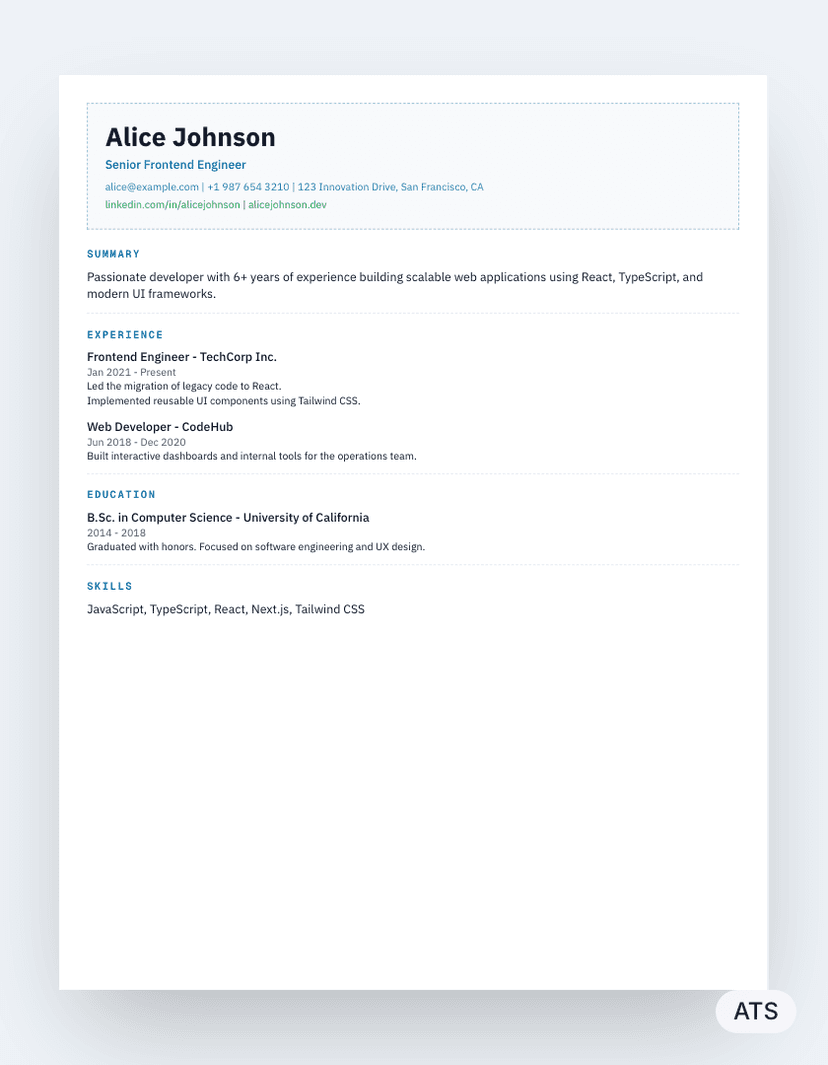 Tech resume template preview