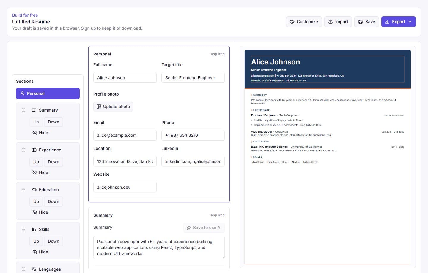 Resumi builder showing structured editing beside a live resume preview